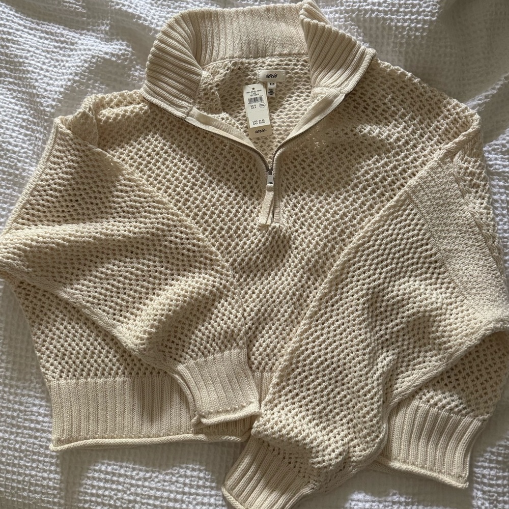 NWT Aerie cream knit quarter zip sweater